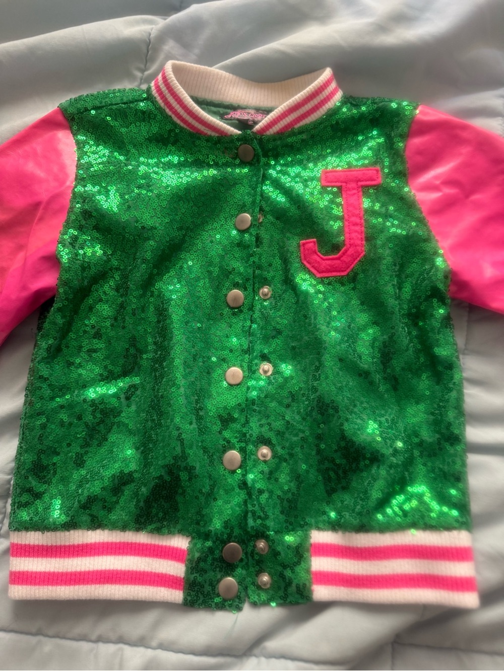 JoJo's Closet Sequin Varsity Snap Jacket Green/Pink Girls Sm/6/6x